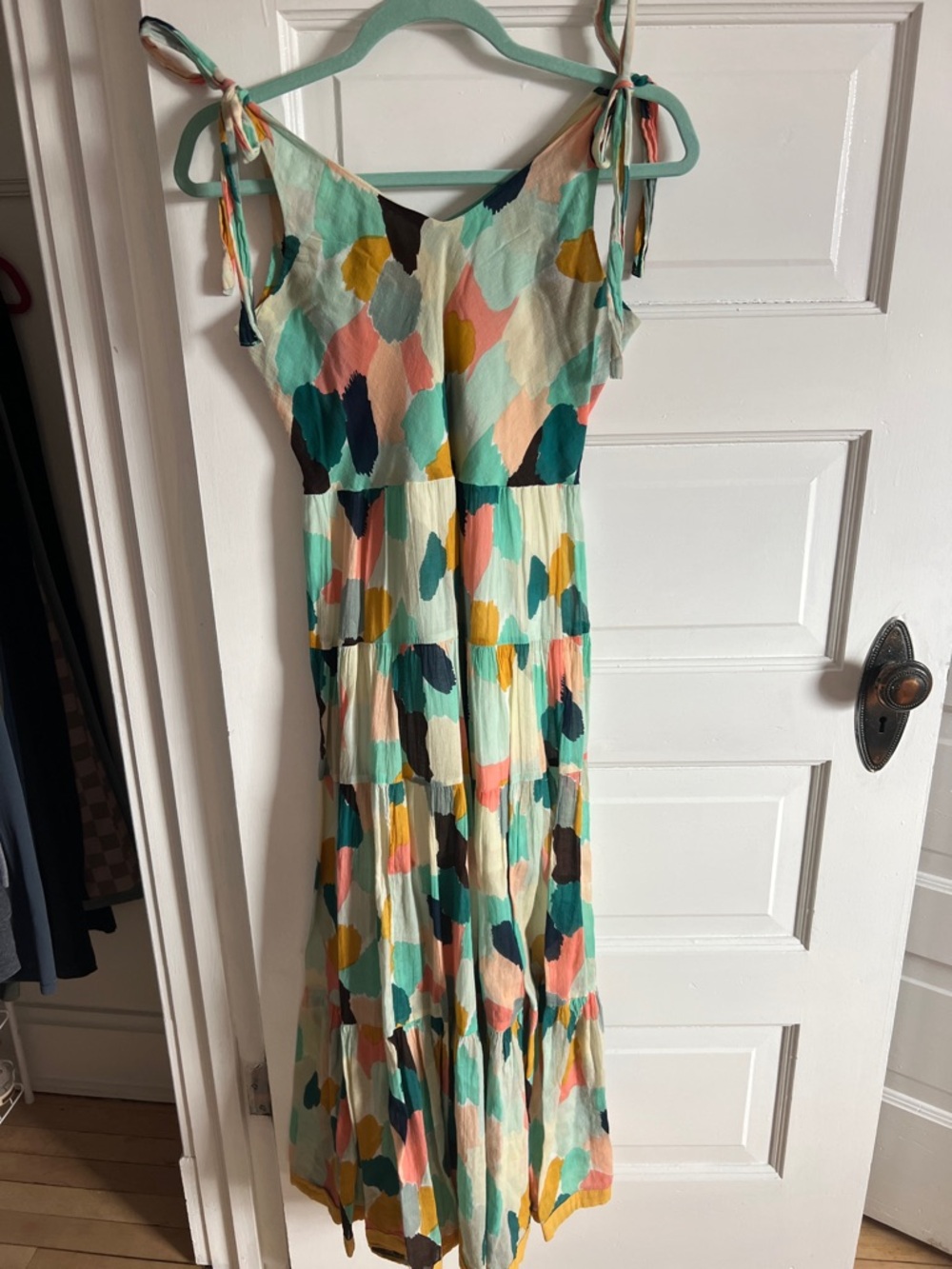 THML Mint Multicolor Spot Tiered Tie-Shoulder Maxi Dress